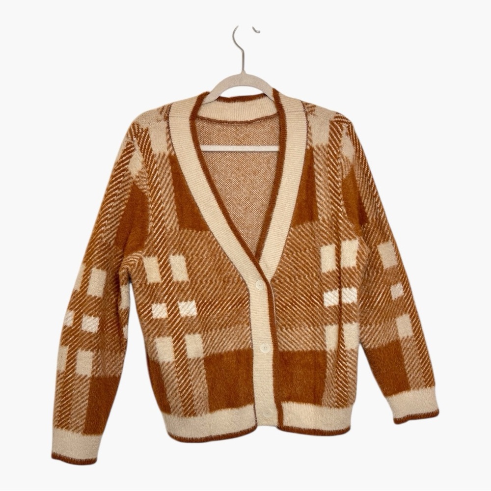 Plaid Tan and Cream Women's Soft Cardigan Size Medium